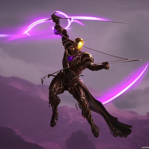 Ash, son of Axle - (Warforged arcane archer, shooting an arrow through the air with purple energy streaming ...  by @Yondor