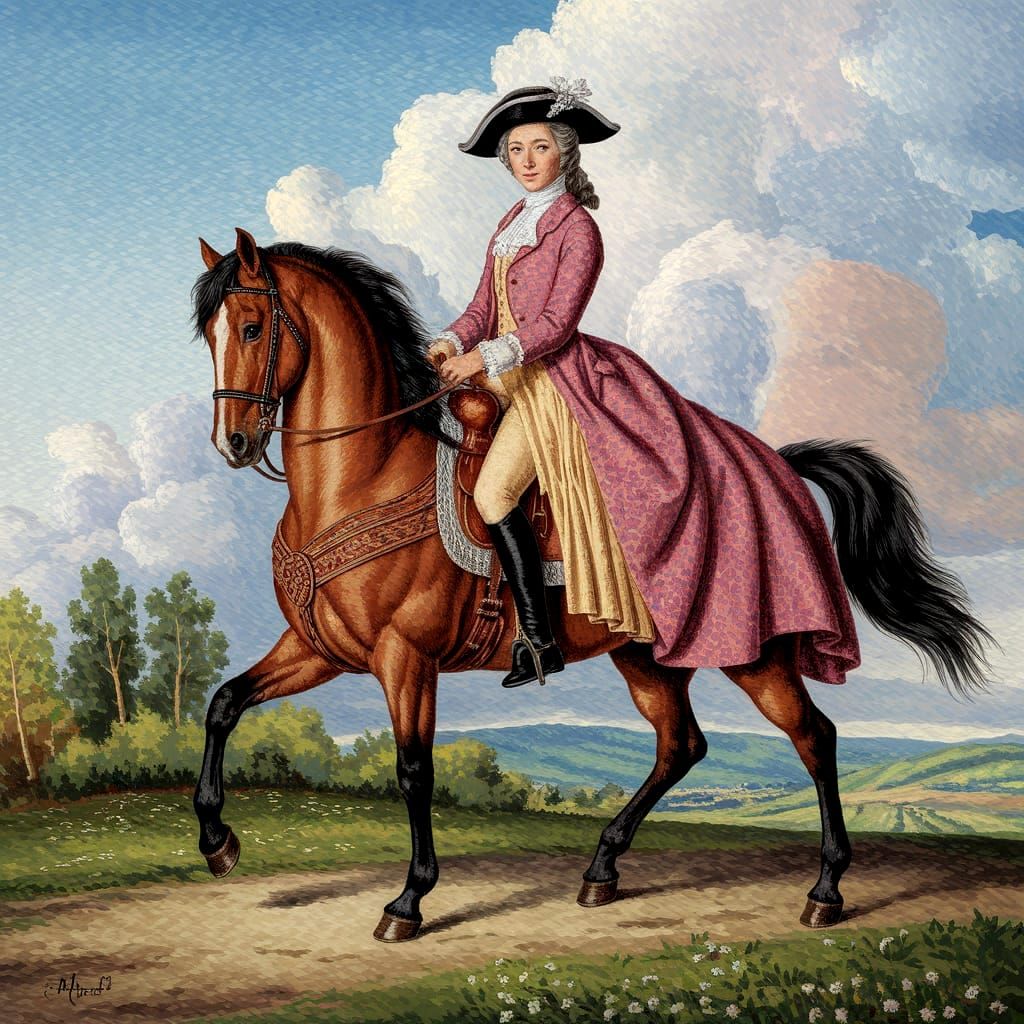A pointilism style masterpiece of a woman in the 1700s riding a horse
