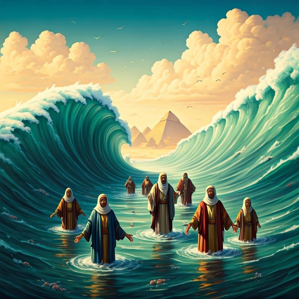 Israelites Crossing the Red Sea in a Nostalgic Biblical Scen...