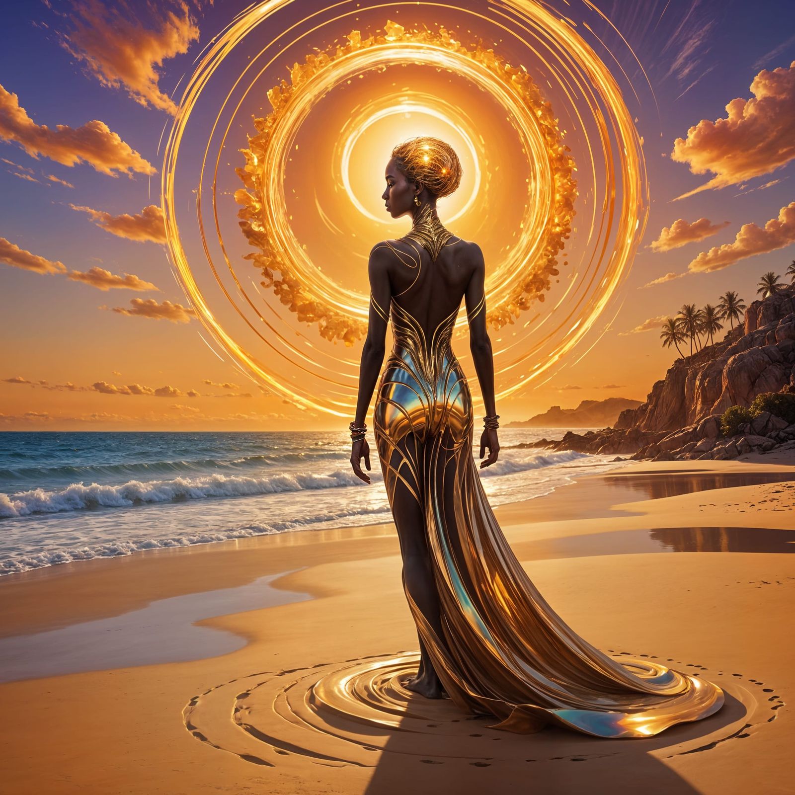 "A mesmerizing digital art piece depicting a solitary figure, reminiscent of Iman, standing on a windswept, ...  by @Terrel