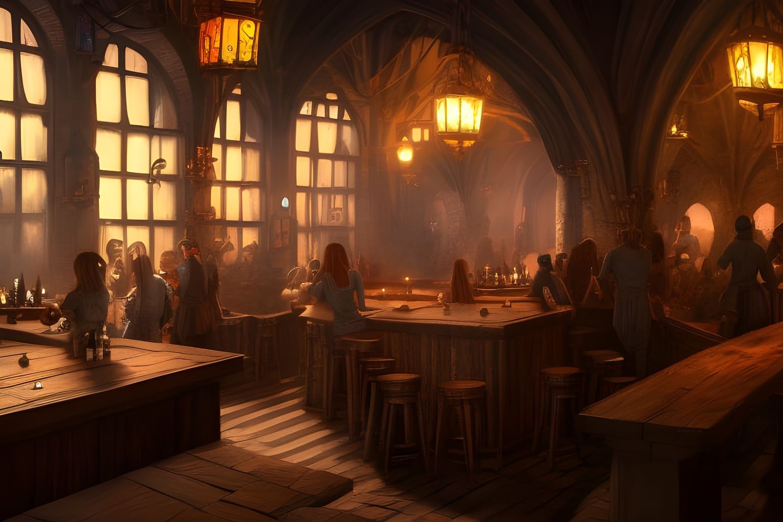 medieval bar, filled with adventurers and patrons, detailed matte