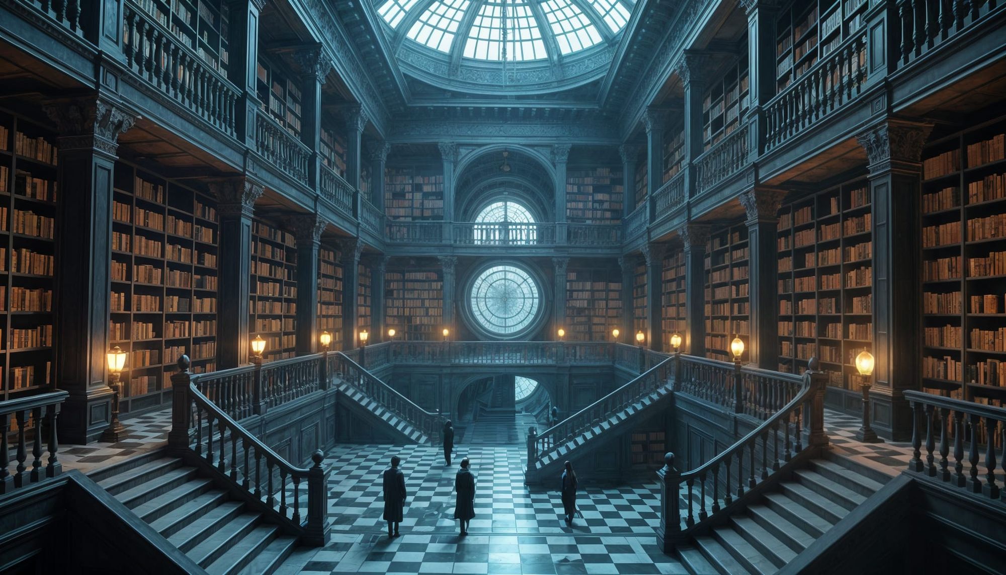 Surreal infinite library inspired by Borges and Escher, concept art with hyperrealistic details, cold color palette, distorted perspective, ...
