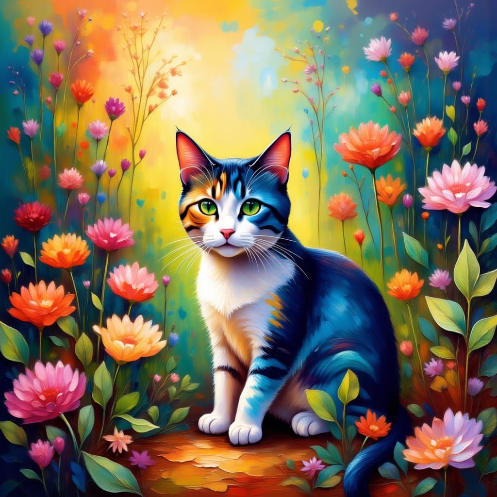 Cat in a garden, expressive, vibrant, drips, impressionistic <lora:Expressive:1.0>