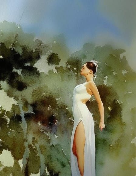 prety woman in floating white dress