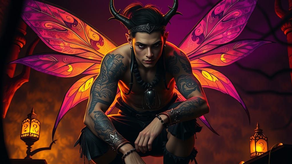 Anthropomorphic firefly with delicate, translucent iridescent wings and flowing, hooded cape stands in medium shot amidst a swirling vortex ...