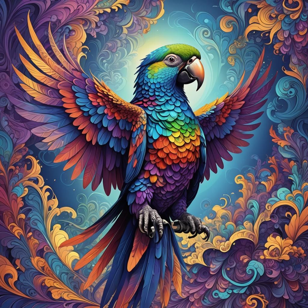 Parrot with wings of blue and purple sitting on the shoulder...