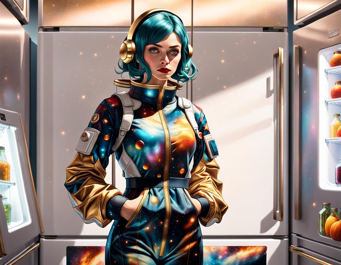 A girl in a space costume standing in front of the refrigerator