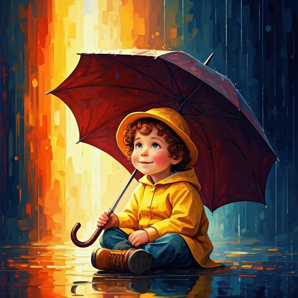 A very detailed scene of a small boy sitting under an open umbrella deep blue burgundy color on the floor ...  by @AI