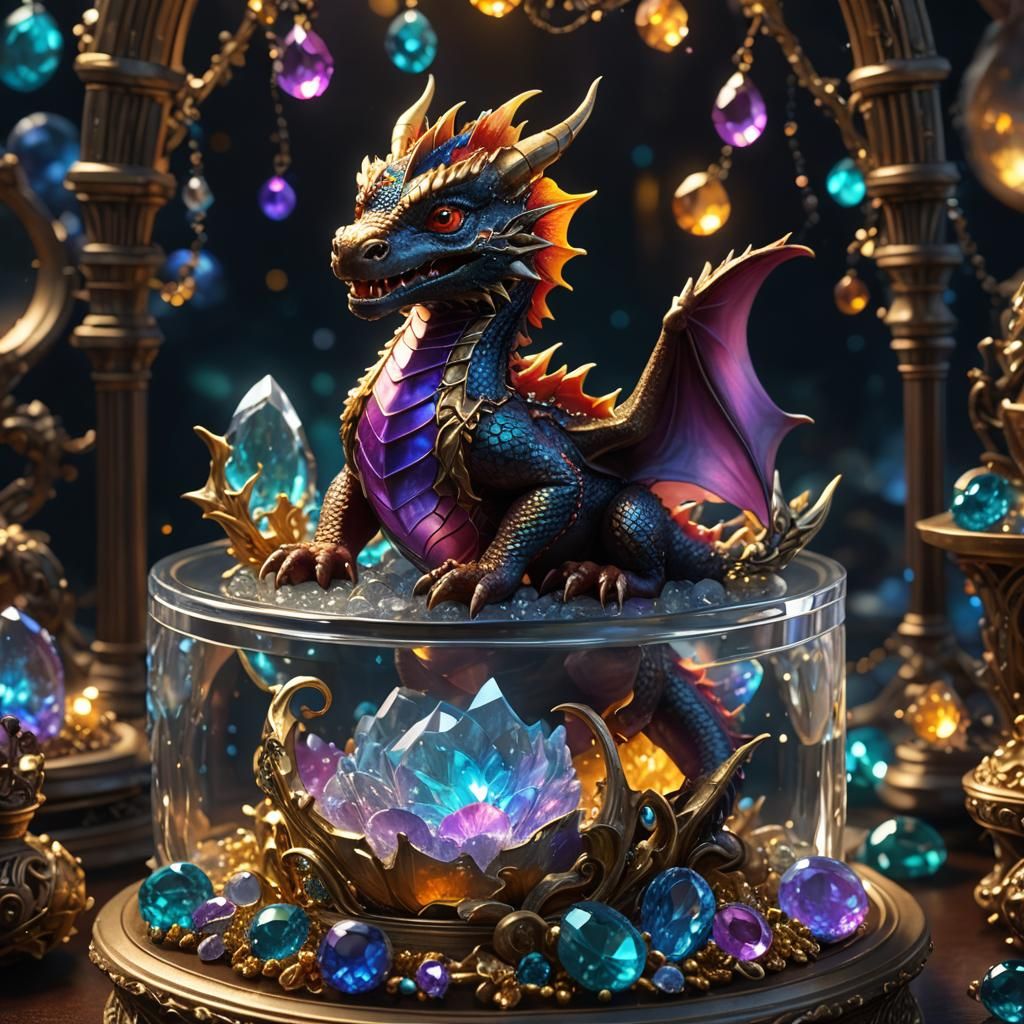 A cute miniature baby dragon sitting in a glass jewelry box ...