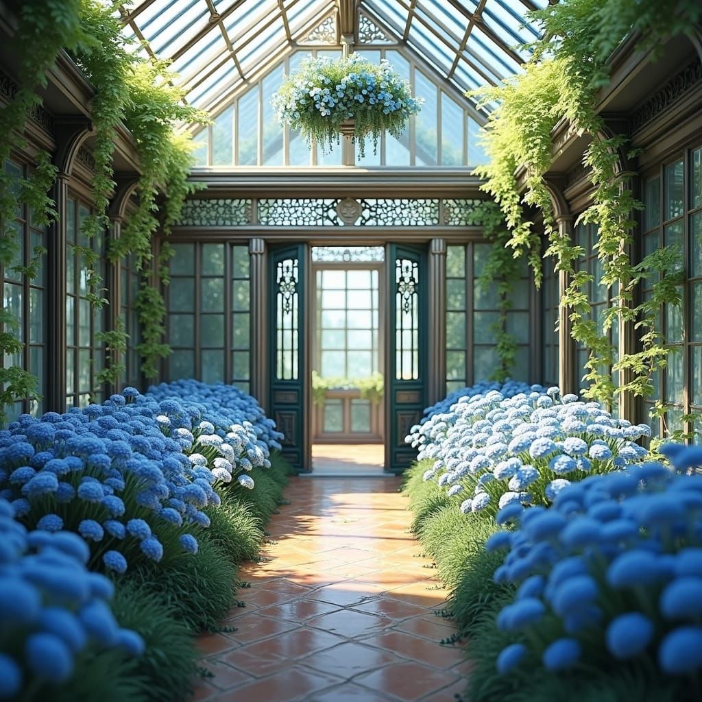 Victorian Crystal greenhouse with clear glass containing delicate blue flowers