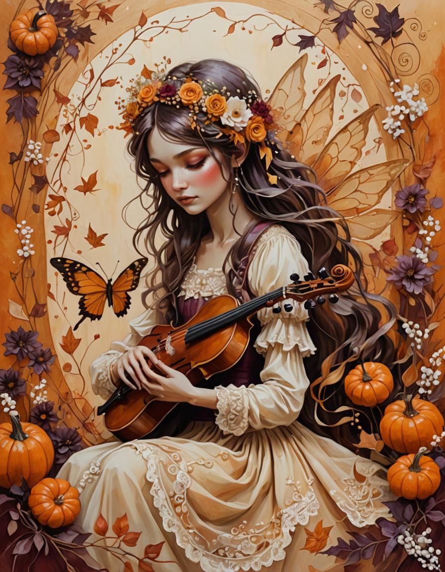 vintage Fall girl fairy on music paper spaces with autumn colored flowers pumpkins and baby’s breath ...  by @Judys Jems