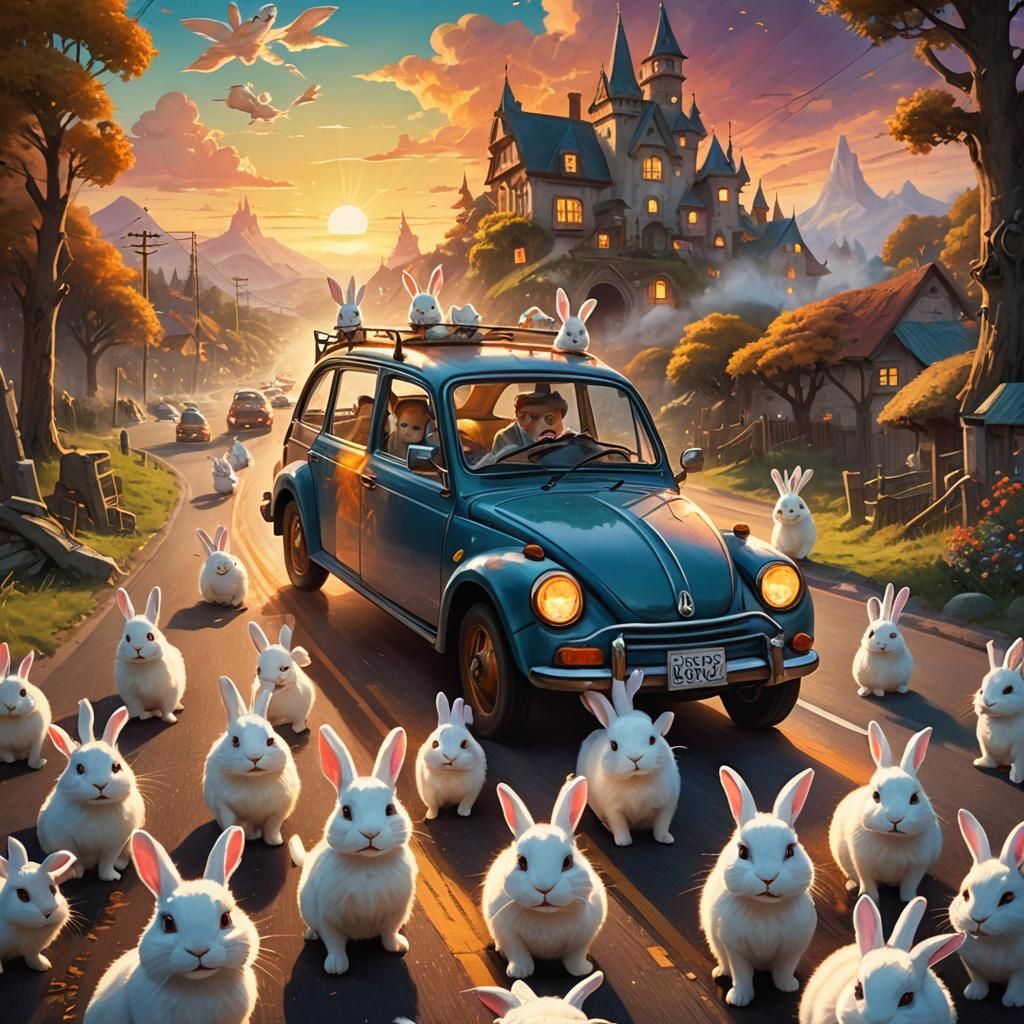 Whimsical Car Chase with Happy Rabbits in Vibrant Oil Painti...