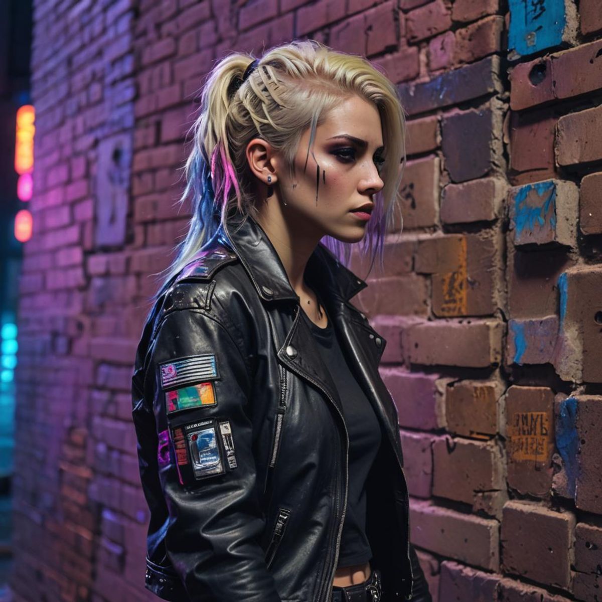 Create an ultrarealistic scene of a Caucasian girl with a strong punk