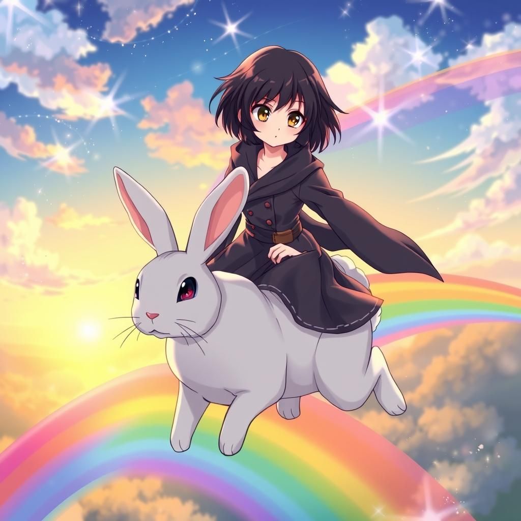 Moon riding a rabbit on a rainbow