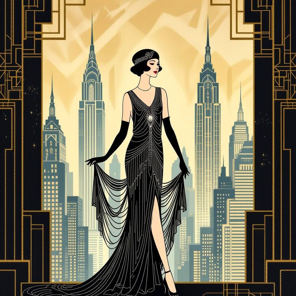 Imagine a sophisticated art deco cityscape, where towering skyscrapers are adorned with intricate geometric patterns and shimmering metallic...