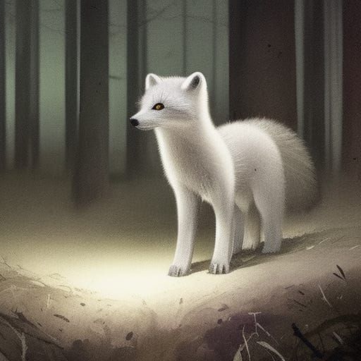 A small baby arctic fox wandering a forest at night