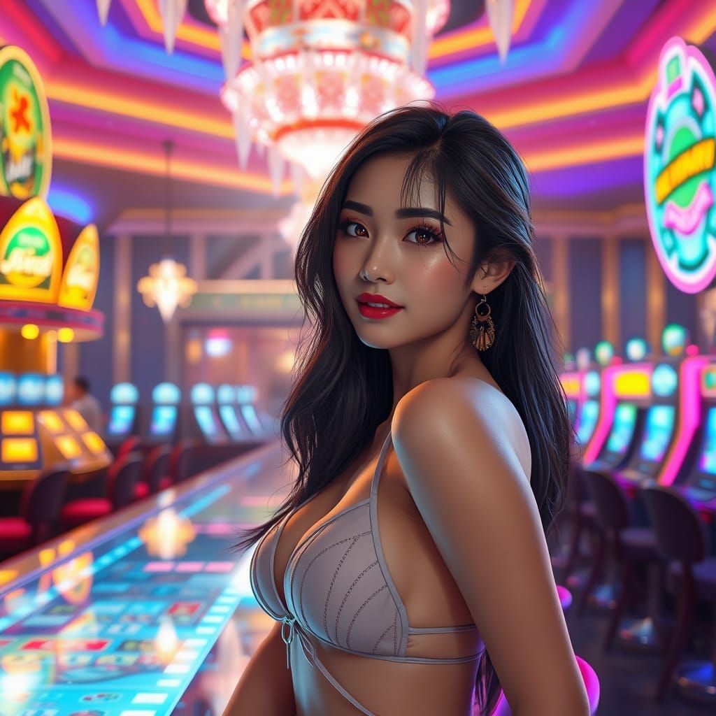 1 người phụ nữa đẹp đứng giữa bàn roulette

 - Start Image 2