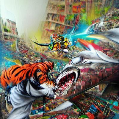 tigershark versus space dragon maximalist hyperrealism Marve...
