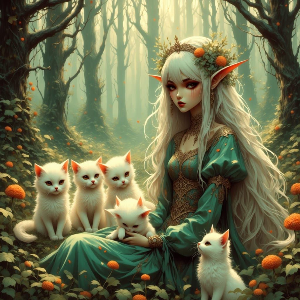 Beautiful elven girl playing with kittens in a fantasy world <lora:Eclipsafae:1.0> <lora:Elven Fashion Drip:1.0> Elven Beauty