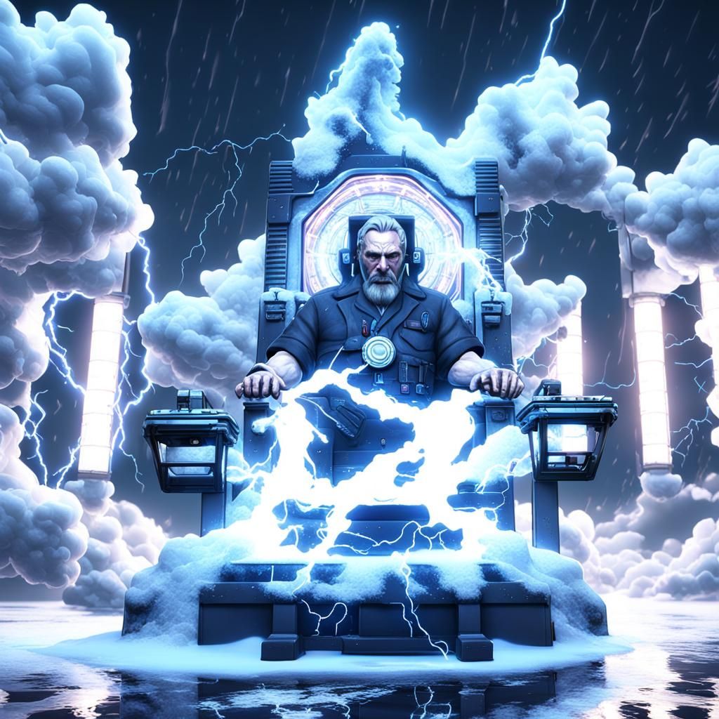 man in electric chair lightning clouds ,snow flurry  ,vapor ...