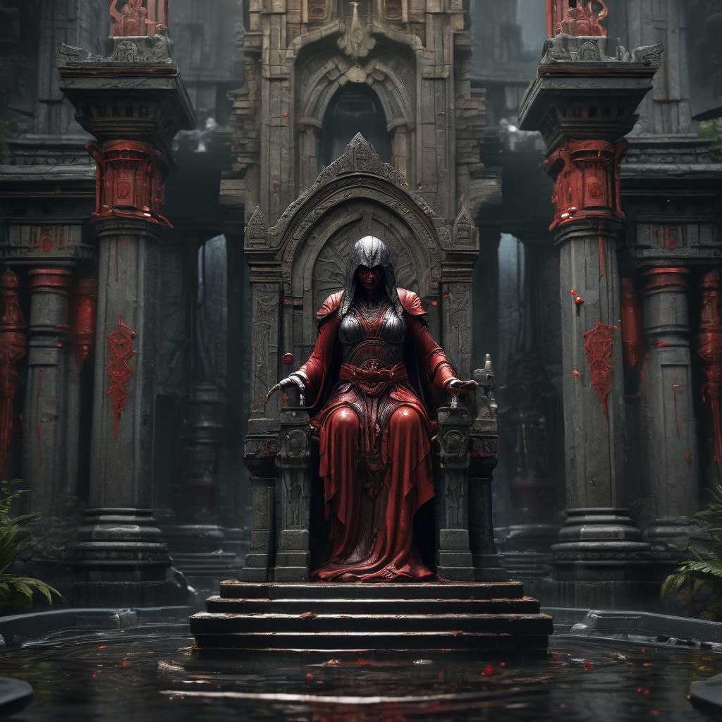 a temple with a a fountain filled with blood a statue of an ...
