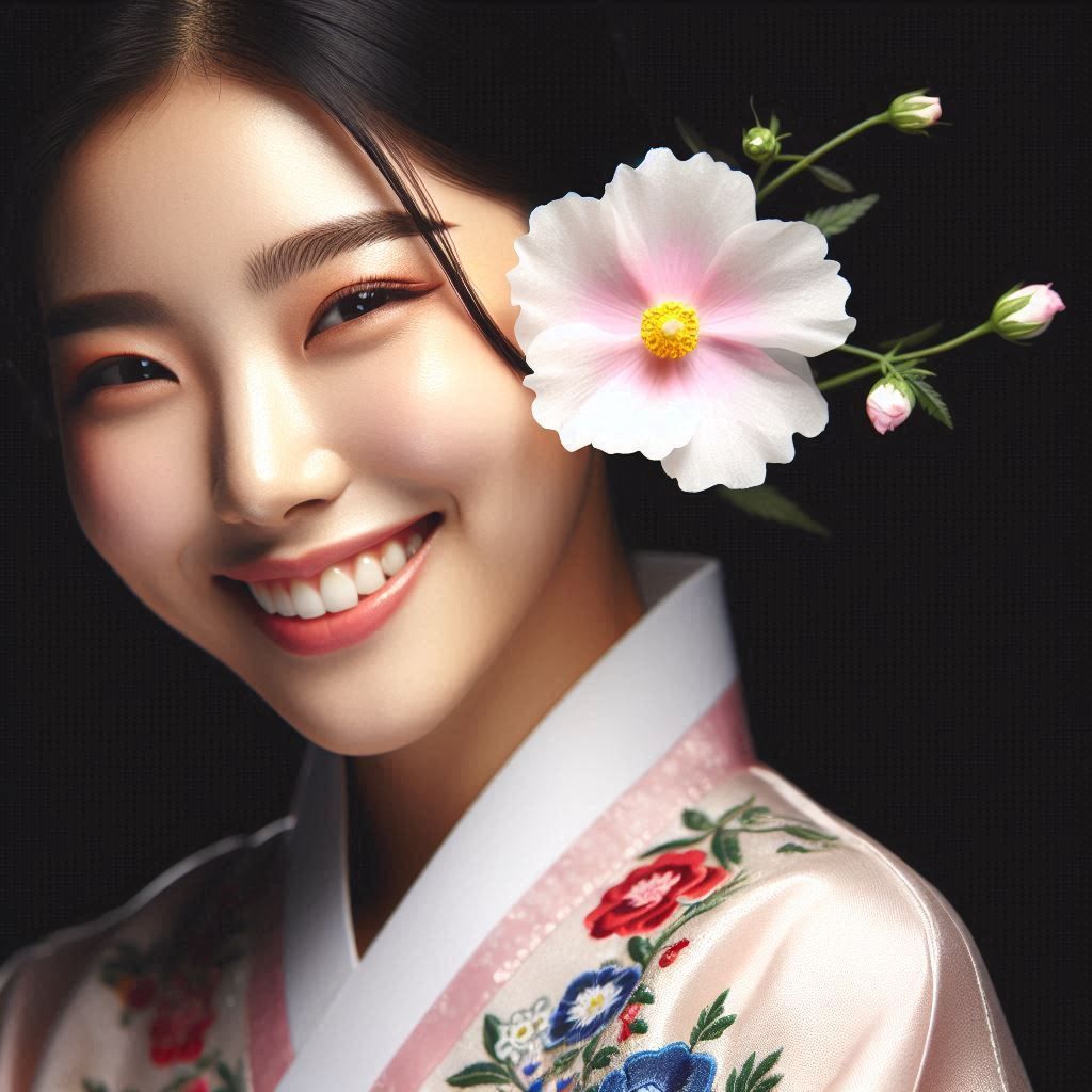 A close-up portrait of a serene woman in a Korean Rose of Sh...