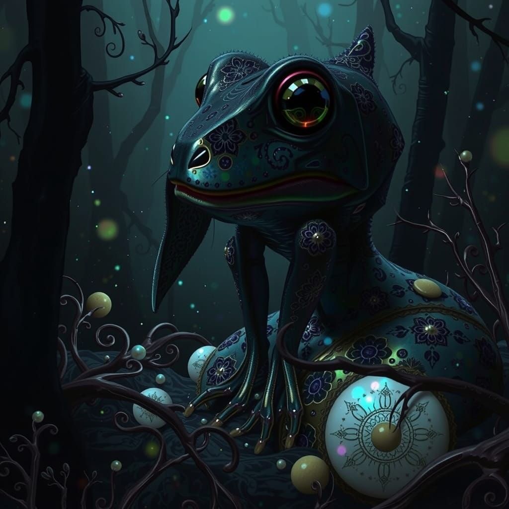 A vibrant, swirling fusion of a frog and a rabbit, melting psychedelically into a harmonious, dreamlike entity, their forms blending in a ka...