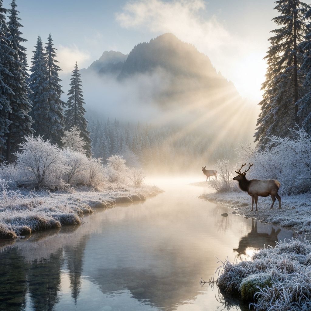 (((Pacific Northwest foggy mountain morning))), (((soft golden light glistening through the mist))), ...  by @GoingJade