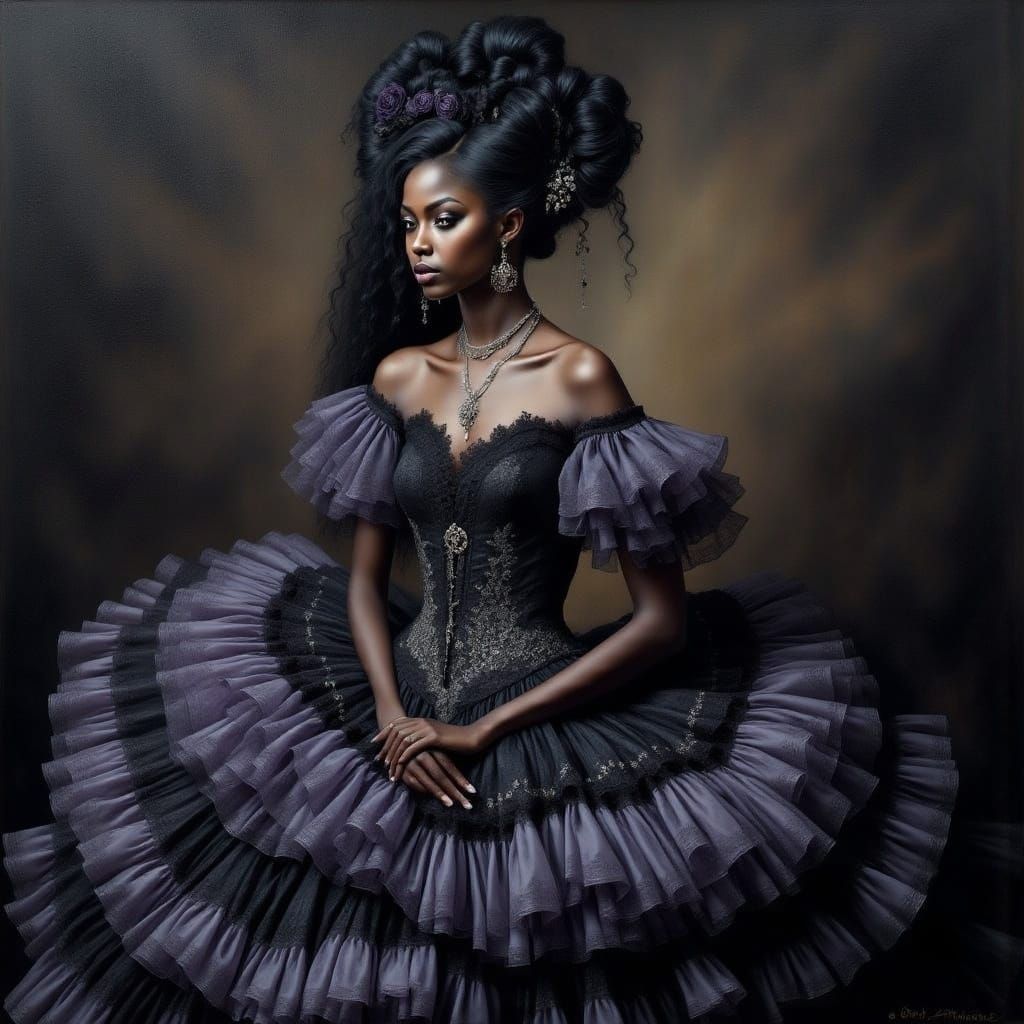 <lora:Rufflelace Intensity:1.0> Renaissance style oil painting, woman in black and blue lilac  ruffle dress, jewelry, high hairstyle, black...