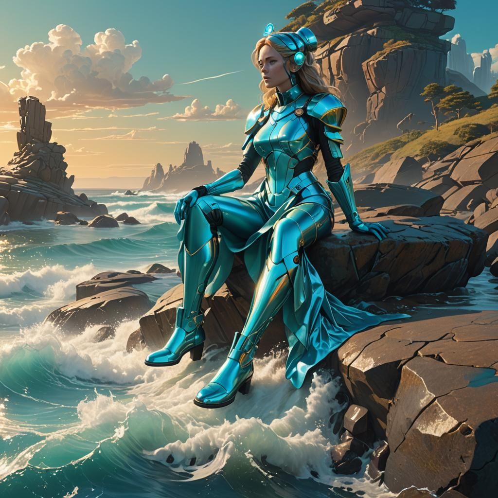 Show cybermaid sitting on a rock at sea at 