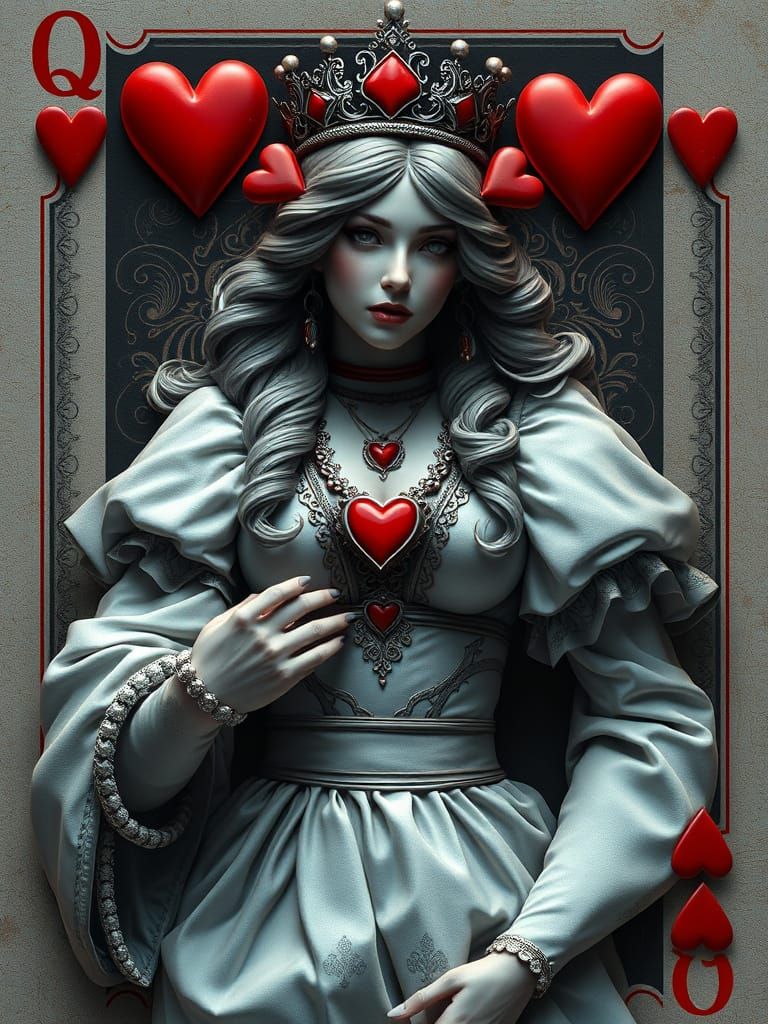 Queen of hearts, playing card, poker card, Alphonse Mucha, Luis Royo, By artist "anime", 3d anime art, ...  by @Firedrake