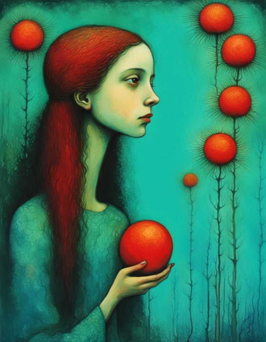 Melancholic Girl Portrait in Folk Art Style