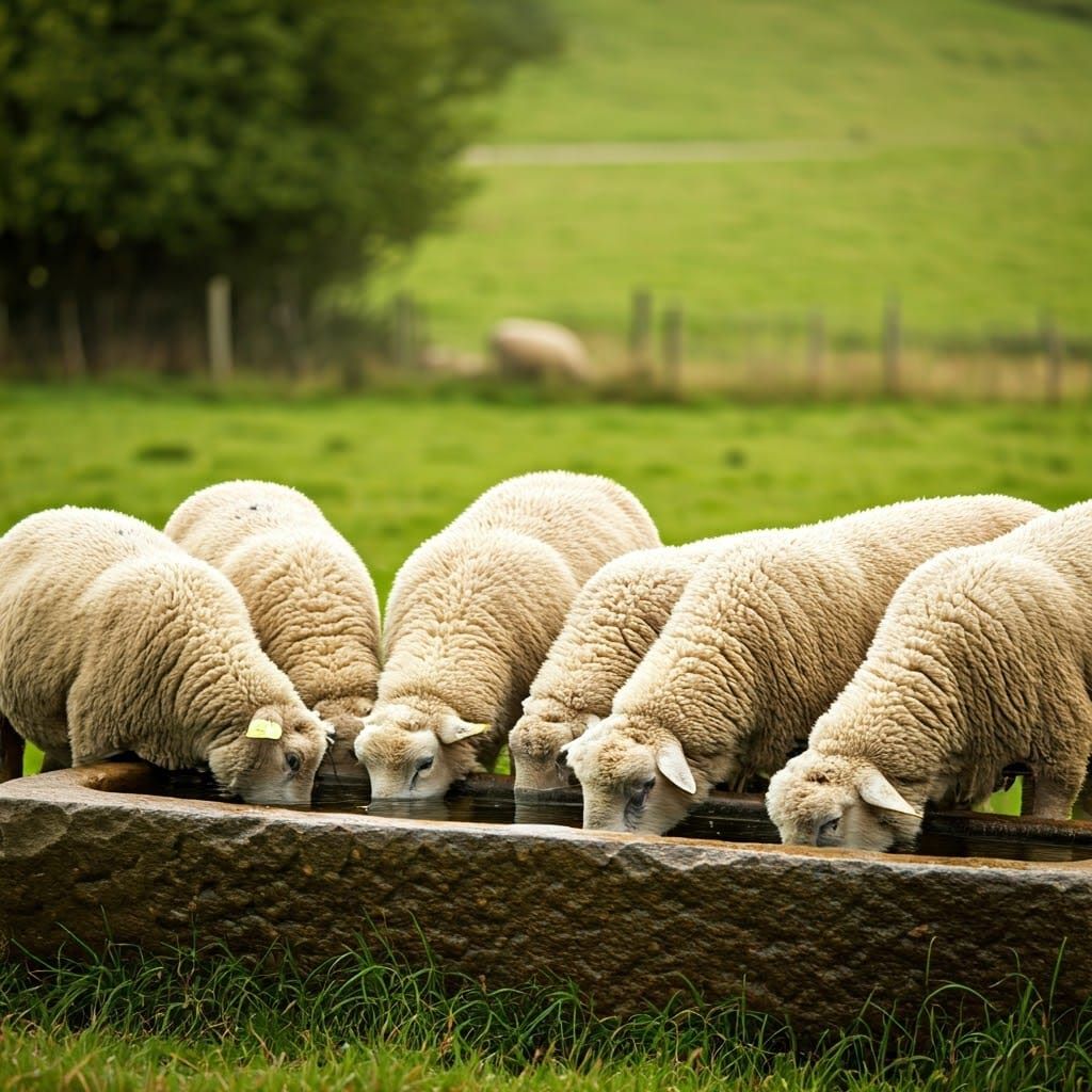 White Sheep Drink from a Wide Stone Water Trough in a Lush G...