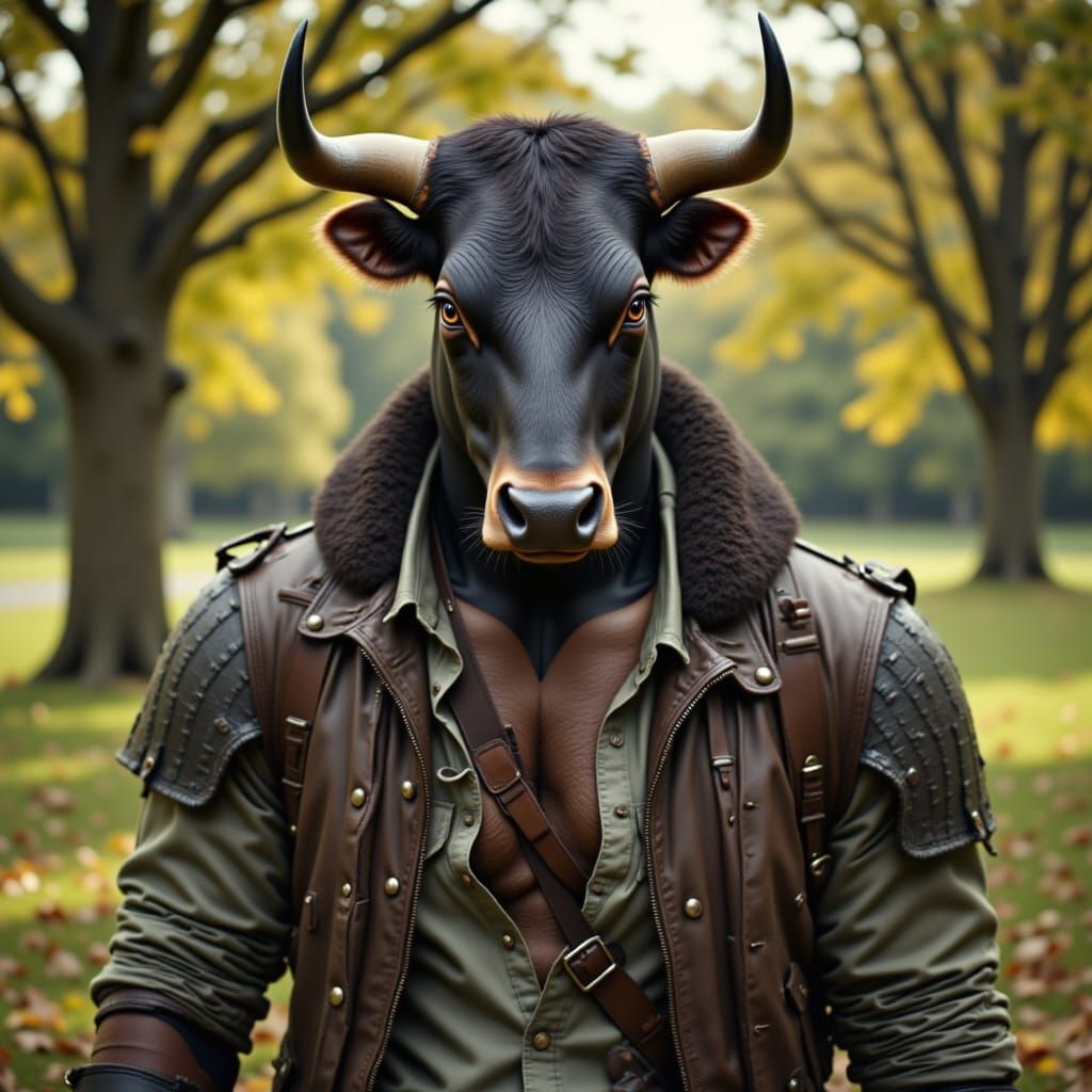 A theriocephalic man with bull head in the park. <lora:Theriocephaly Flux:1.0> Photo Realistic