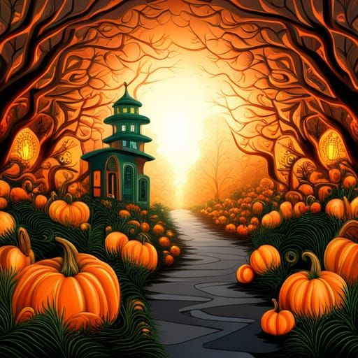 a greenhouse full of pumpkins growing in a pine forest with ...
