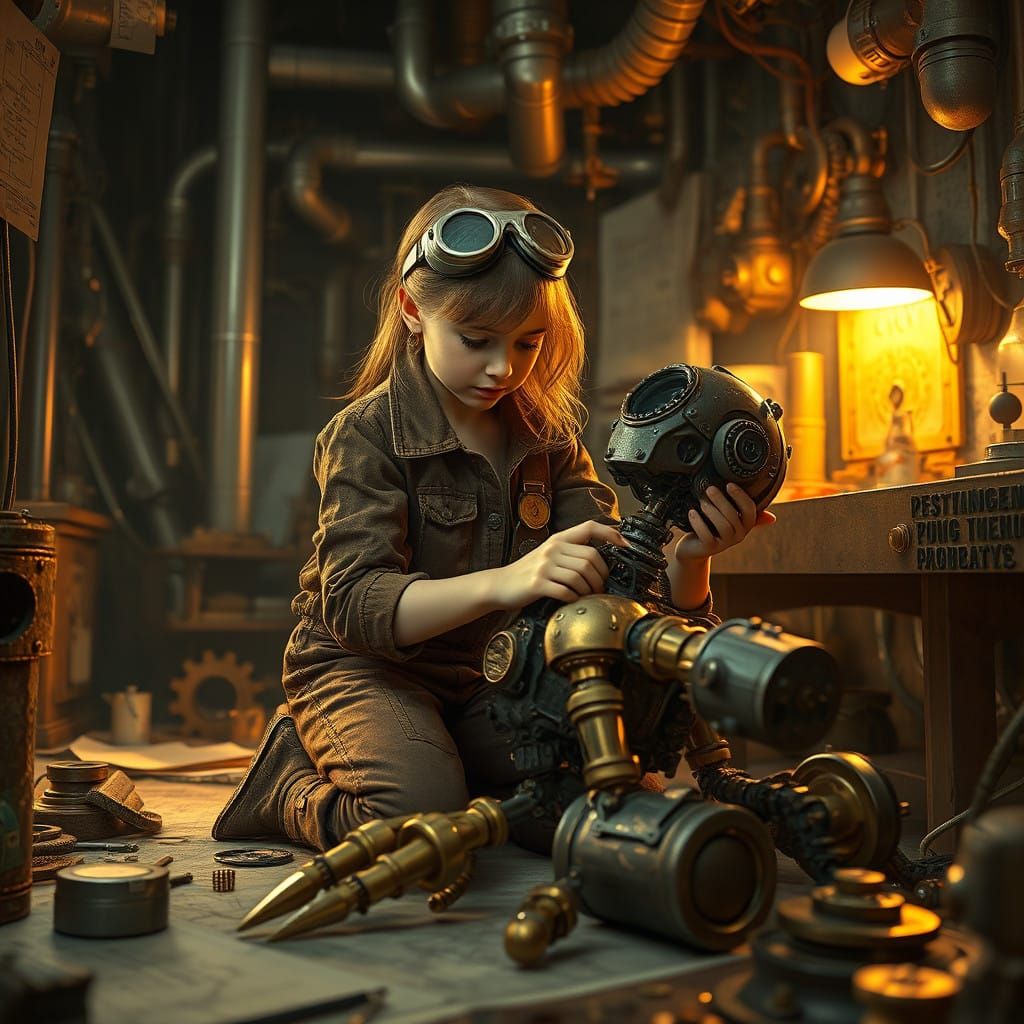 A girl building a robot   by @Tokyo-Honeymilk