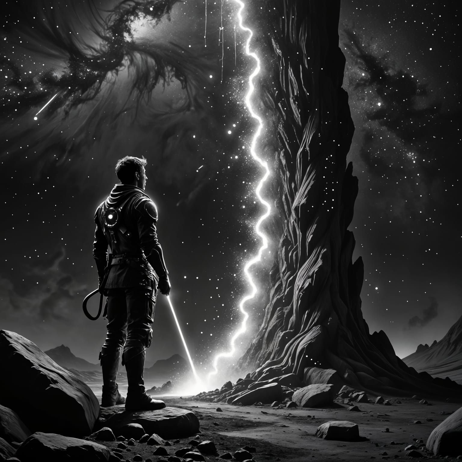 A lone, stoic stone carver  stands at the edge of a swirling, interdimensional vortex, his uniform subtly shimmering with cosmic dust. He ho...