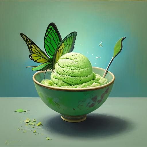 Matcha mint ice cream in a bowl with green butterflies.