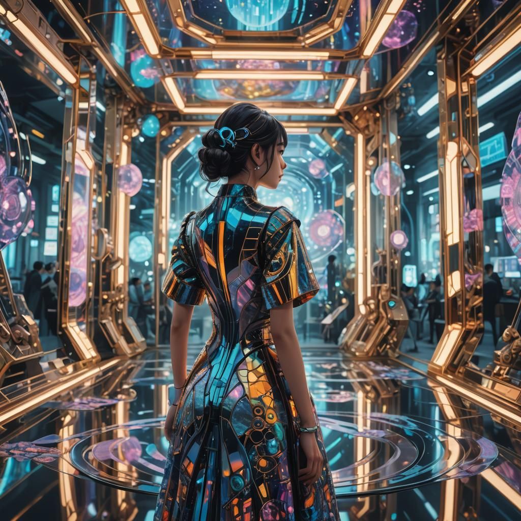 A woman of 2050 , watching herself in a beautiful futuristic...