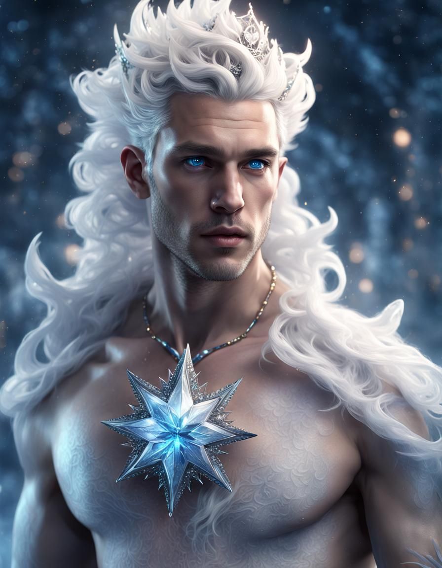 mysterious and agile ice prince man white curly hair with cr...