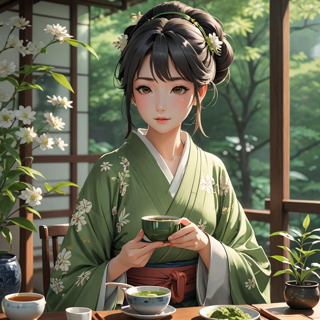 Manga Woman Sipping Tea in 3D Anime Art