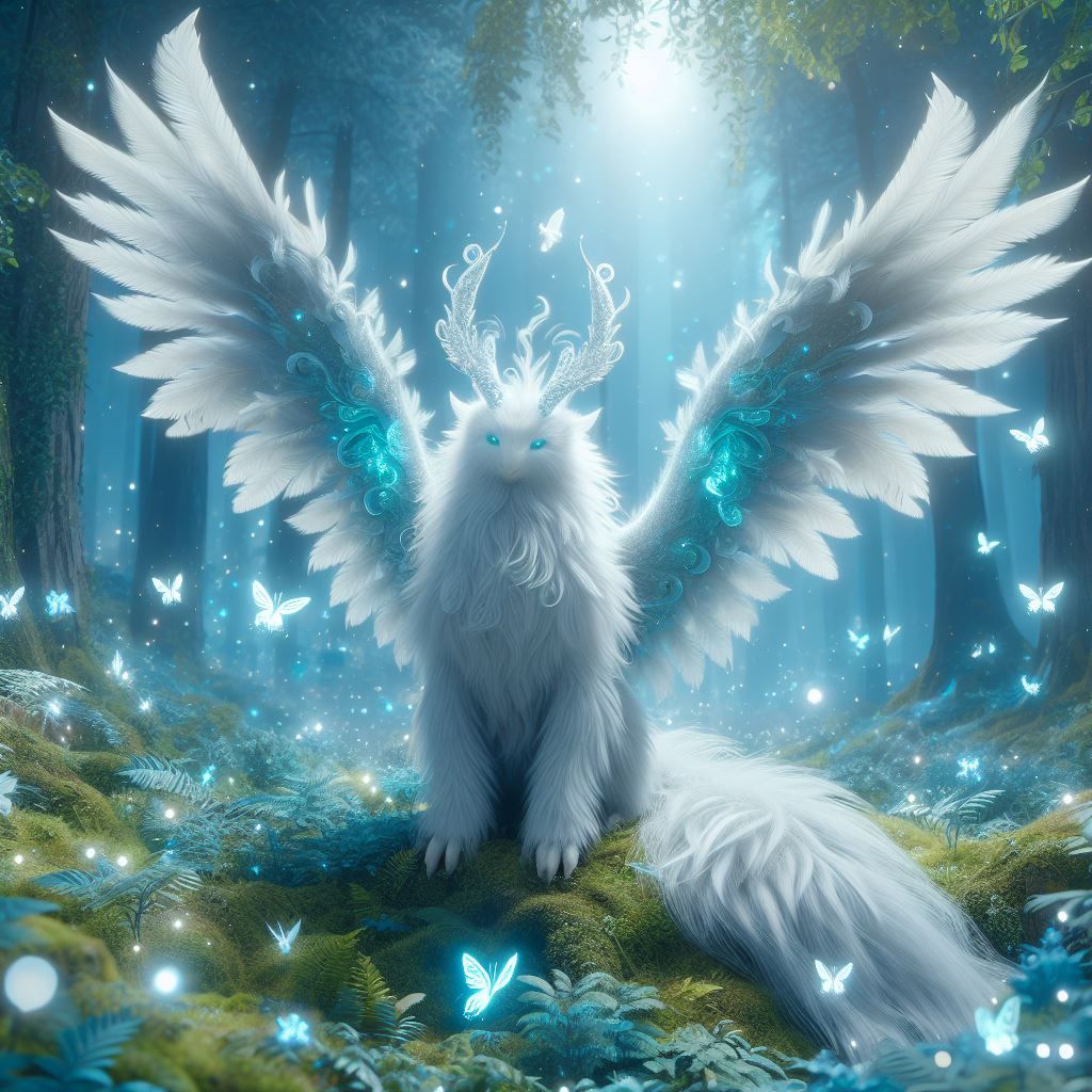 A non-existent magical creature in white color, with a pair of big feather wings on its back, glowing in light blue colo...