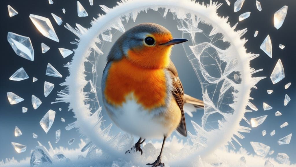 <lora:SplinterCrack:1.0> A vibrant hyper realistic orange-breasted robin in the style of <splintercrack> standing motionless within a sphere...