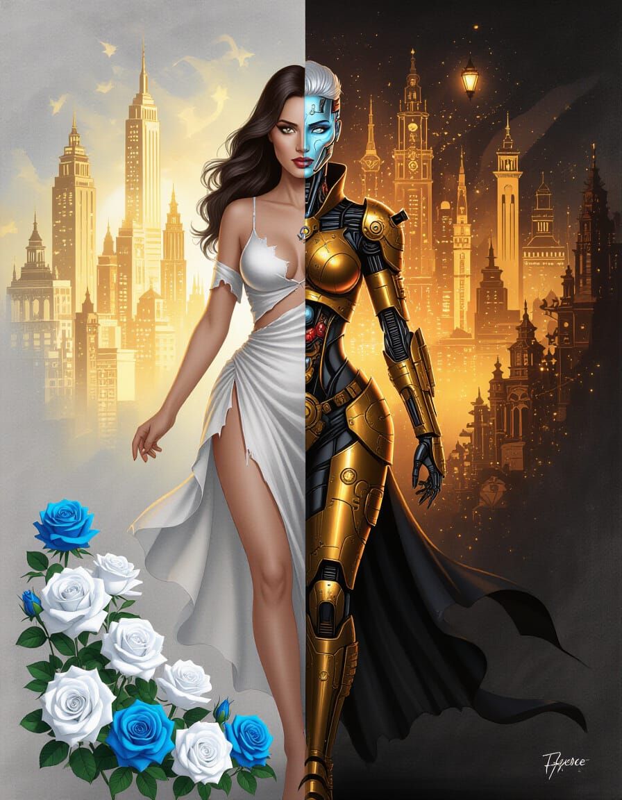 Steampunk Cyborg Meets Graceful Human: Charcoal Sketch