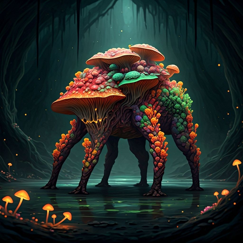"Create a dark fantasy image of a smaller Corrupted Mushroom Beast, a compact, four-legged creature made entirely of vibrant mushrooms. Its ...