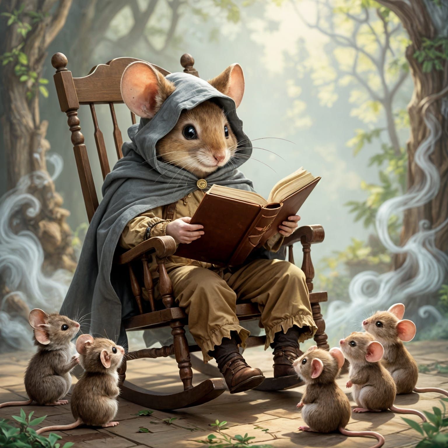 a highly detailed anthropomorphic mouse in shabby clothes and a grey cape on his shoulders and head sits ...  by @Zhopen