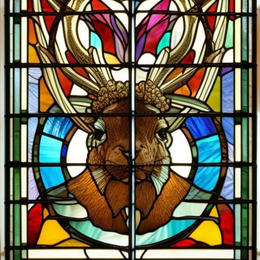 Jackalope  and roses stained glass window