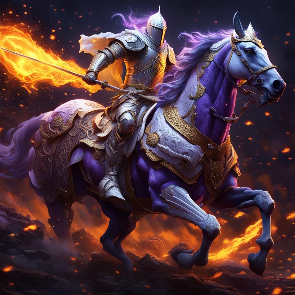 white knight riding a fiery steed