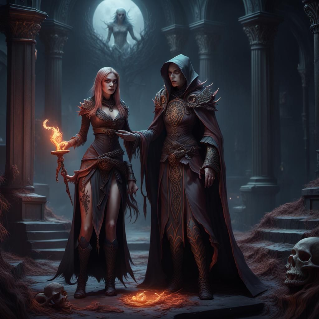 The necromancer teaches his beautiful female necromancer apprentice ...