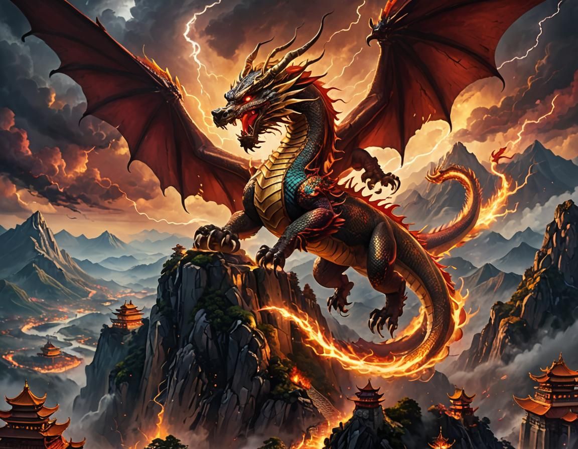 Show a powerful chinesse dragon flying over a mountain range, with huge wings spread across the sky. Its scales are dark red with golden hig...